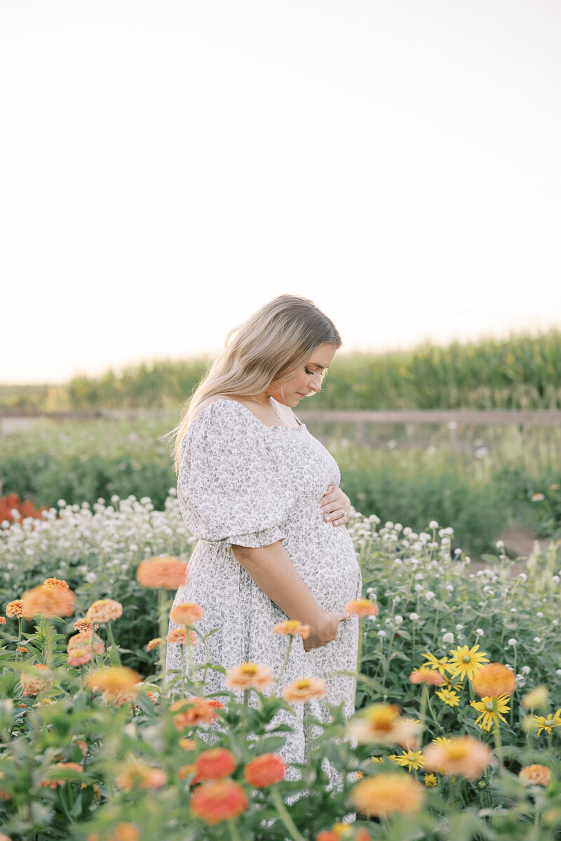 Light-filled maternity portraits in Fresno field with warm sunset glow