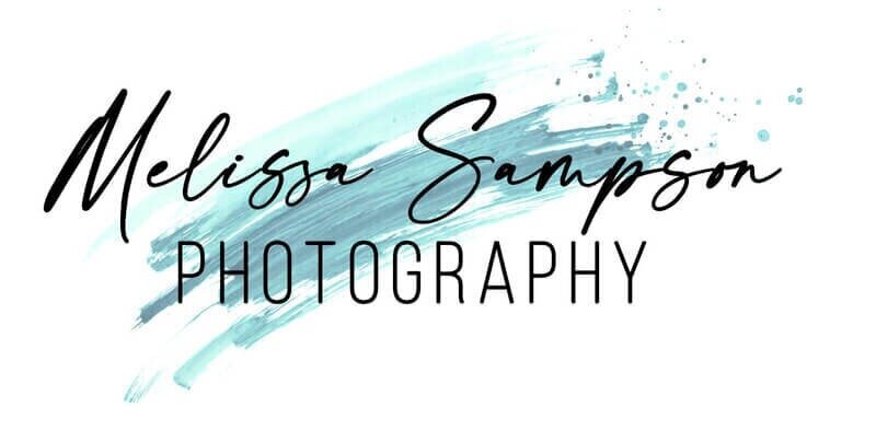 Melissa Sampson Photography logo with teal watercolor brushstroke background.