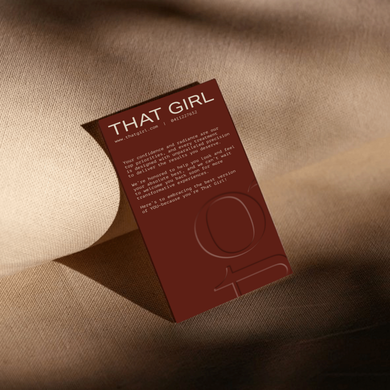 Thank You card design for That Girl, highlighting a thank you note for their inclusive face and body aesthetics offerings.