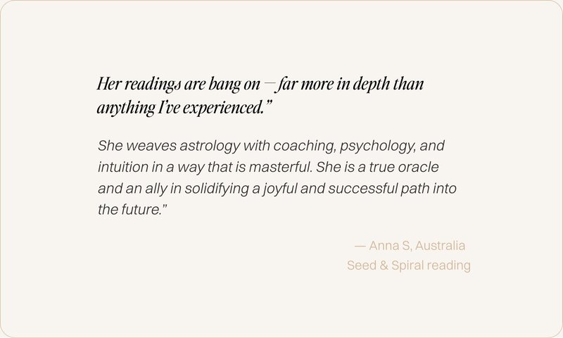 Client review graphic for Seed and Spiral astrology readings with Lidia Ranieri.