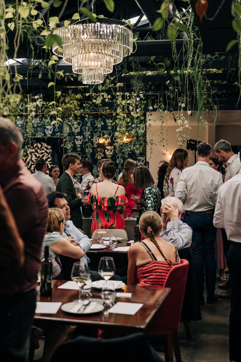 wedding guests mingle during cocktail hour at reception at 5th street restaurant in christchurch