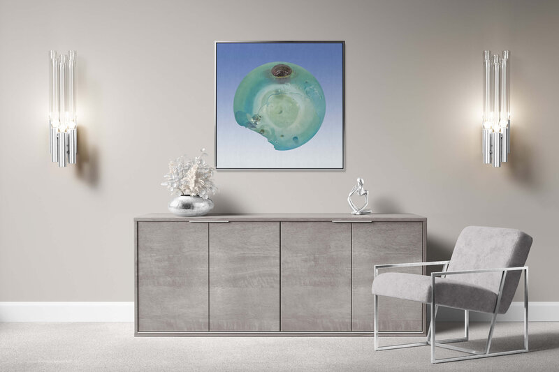 Fine Art Canvas with a silver frame featuring Project Stardust micrometeorite NMM 789 for luxury interior design