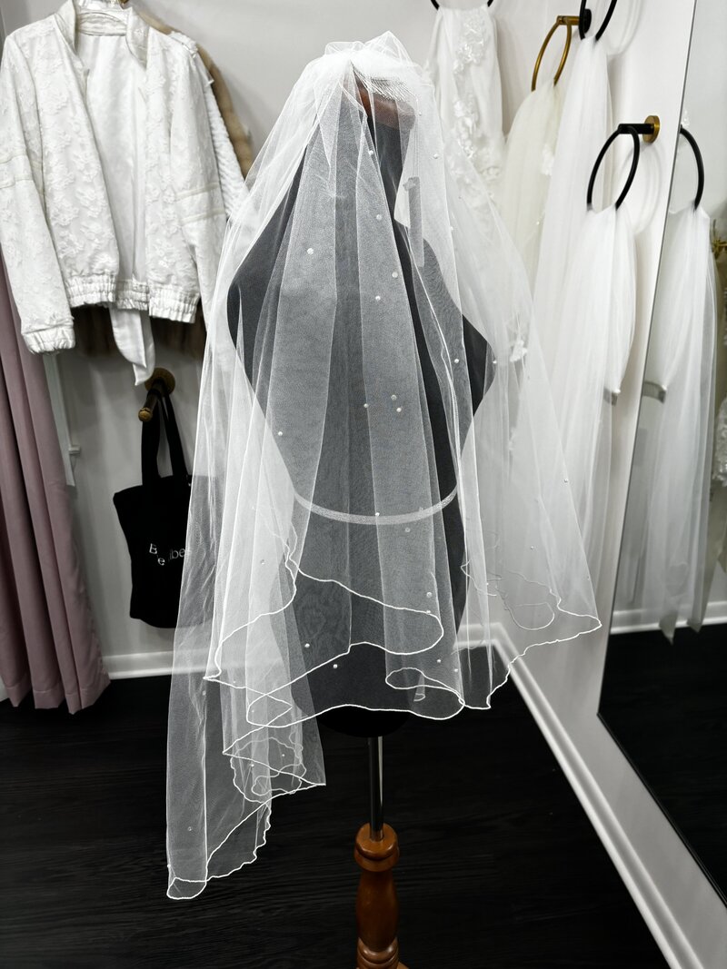 demelis Atelier Light Ivory Vintage Finger Tip Bridal Veil with Blusher with Pearls & Sequence1
