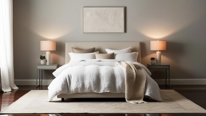A tranquil minimalist bedroom with soft stone walls, an upholstered bed dressed in white and beige linens, and a cream knitted throw. Grey bedside tables with matching lamps, and a framed artwork above, creating a serene, balanced atmosphere.