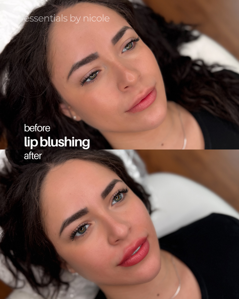Lip blush enhancement before and after on a beautiful client. Soft pigment added to boost color and shape, creating a refreshed, natural look.