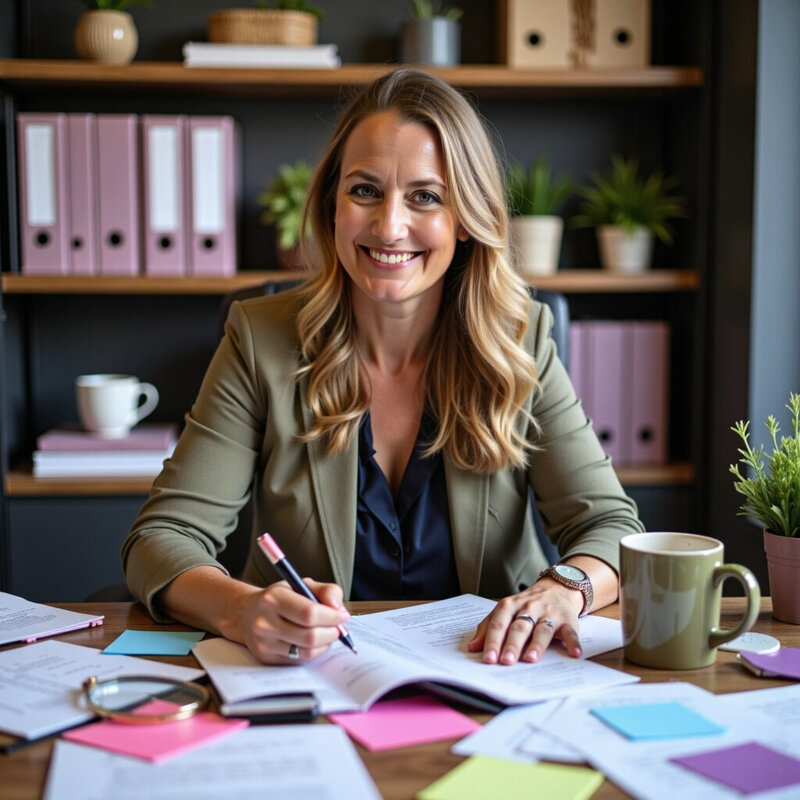 Current wedding business owner at work in the office, sitting at a desk with papers.