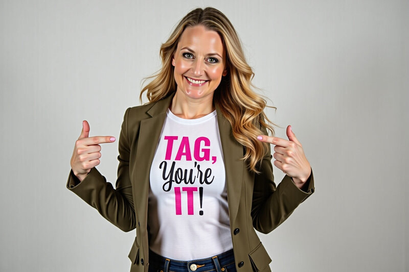 Woman smiling and pointing to her shirt which reads, "Tag, You're It!"