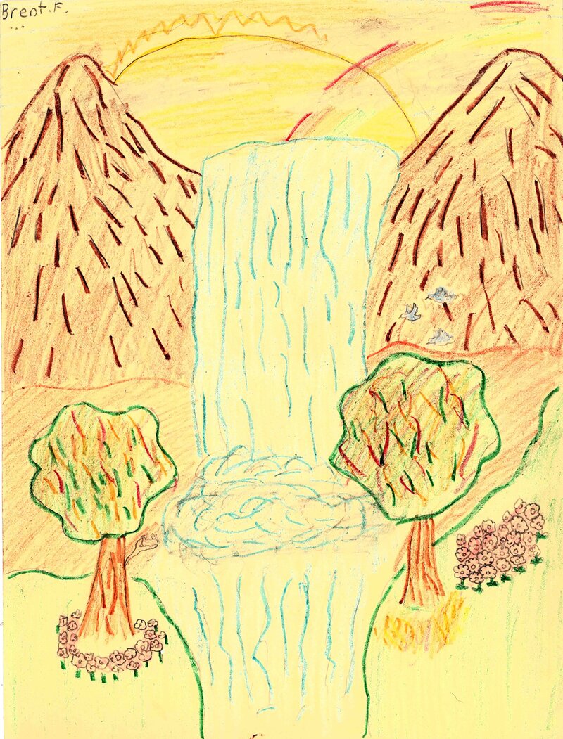 Brent Ray Fraser Mountain Waterfall Landscape Drawing 1986