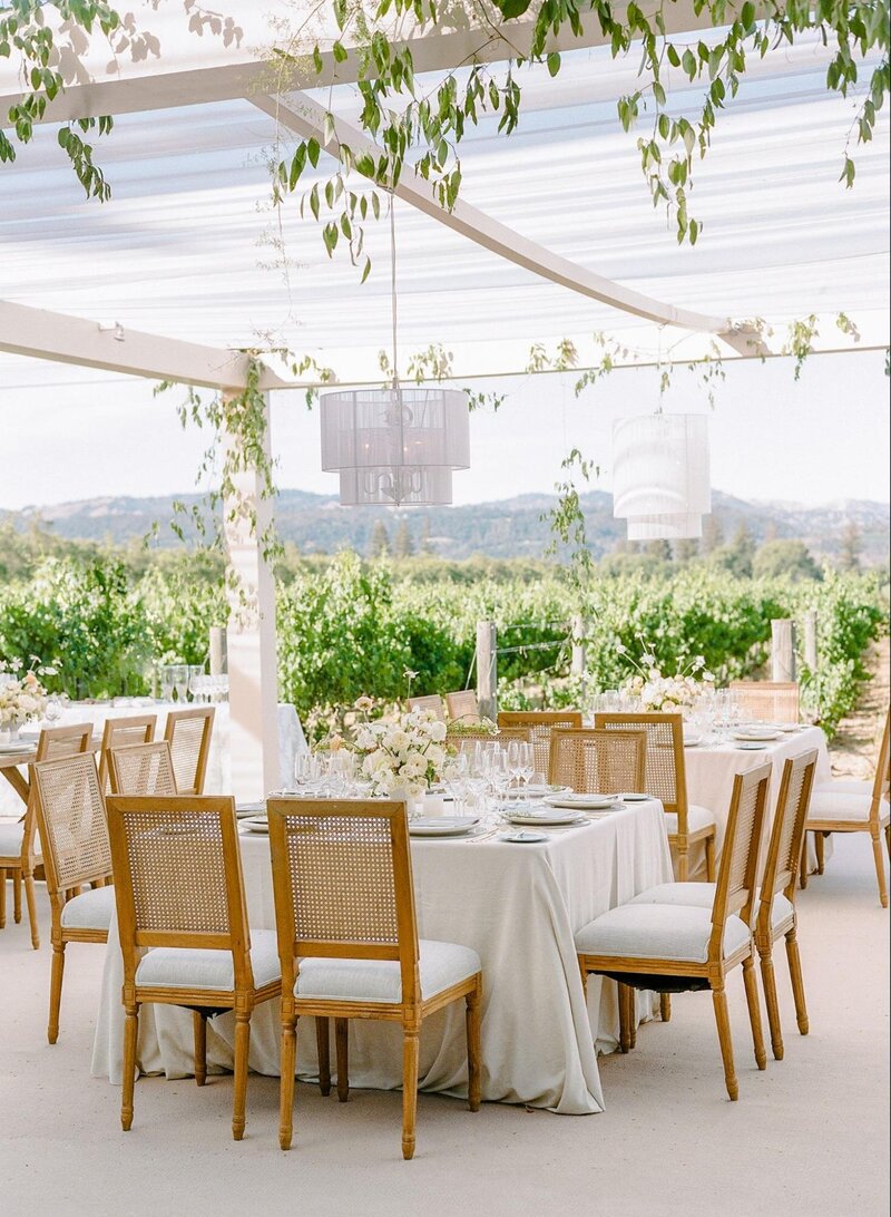 A simple wedding reception space with light-colored decor, a bright canopy, and mountains and greenery in the background