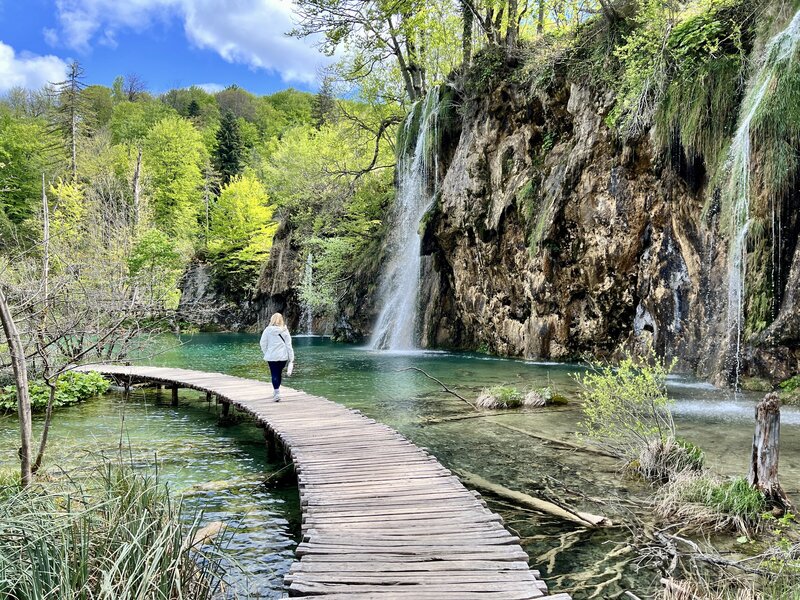 Plitvice Lakes NP Croatia Trail H me on trail with waterfall 