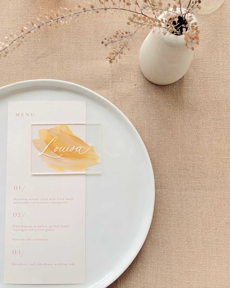 minimal and modern menu and acrylic place cards by Dominique Alba