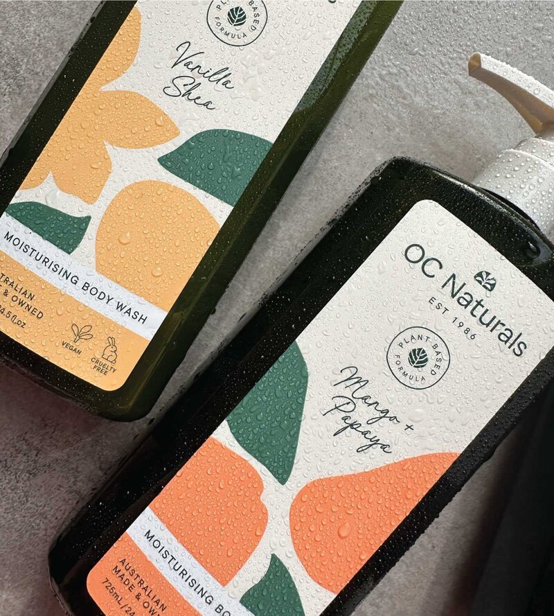 Close up of packaging design label for OC Naturals body wash in Vanilla Shea and mango and papaya variations