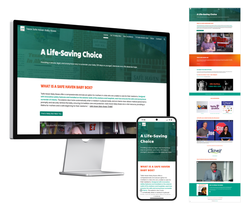 Mobile-friendly website design for Texas Safe Haven Baby Boxes, displayed in desktop and mobile views with full homepage visible