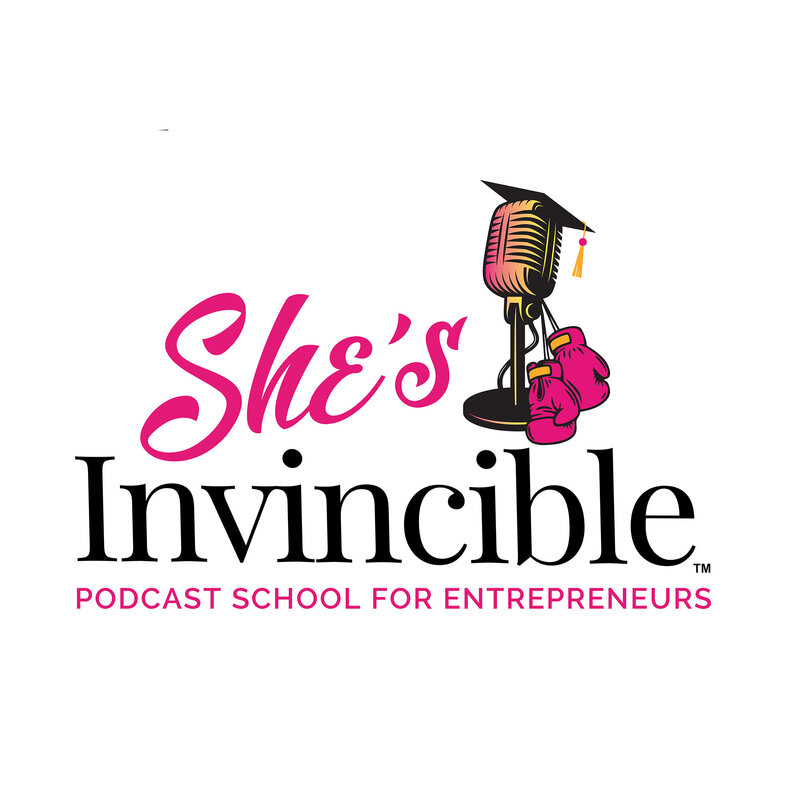 Logo with text "She's Invincible Podcast School for Entrepreneurs" and a microphone with boxing gloves icon