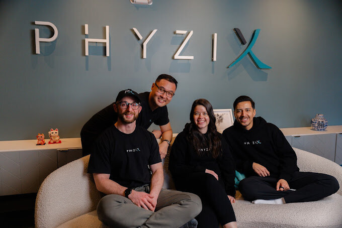 Dr. Jia Li, Dr. Adrian Gonzalez, and Dr. Brandon Drinan and clinic manager Rebecca of PhyziX holistic physical therapy in Needham.