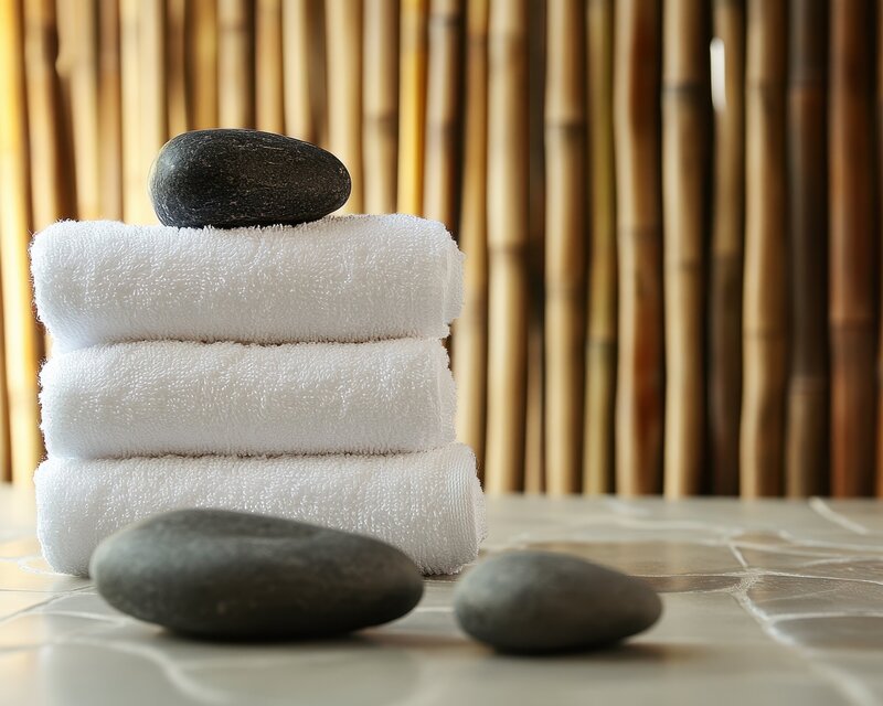 Luxurious spa treatment room with natural light, indoor tree, and neatly arranged spa products on a counter.