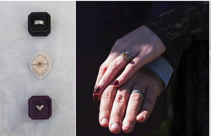 album print of a couple's hands on one side and another one with triple ring boxes.