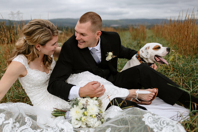 A couple in wedding attire sits on grass, surrounded by wildflowers, with a playful dog beside them, enjoying a serene outdoor moment.