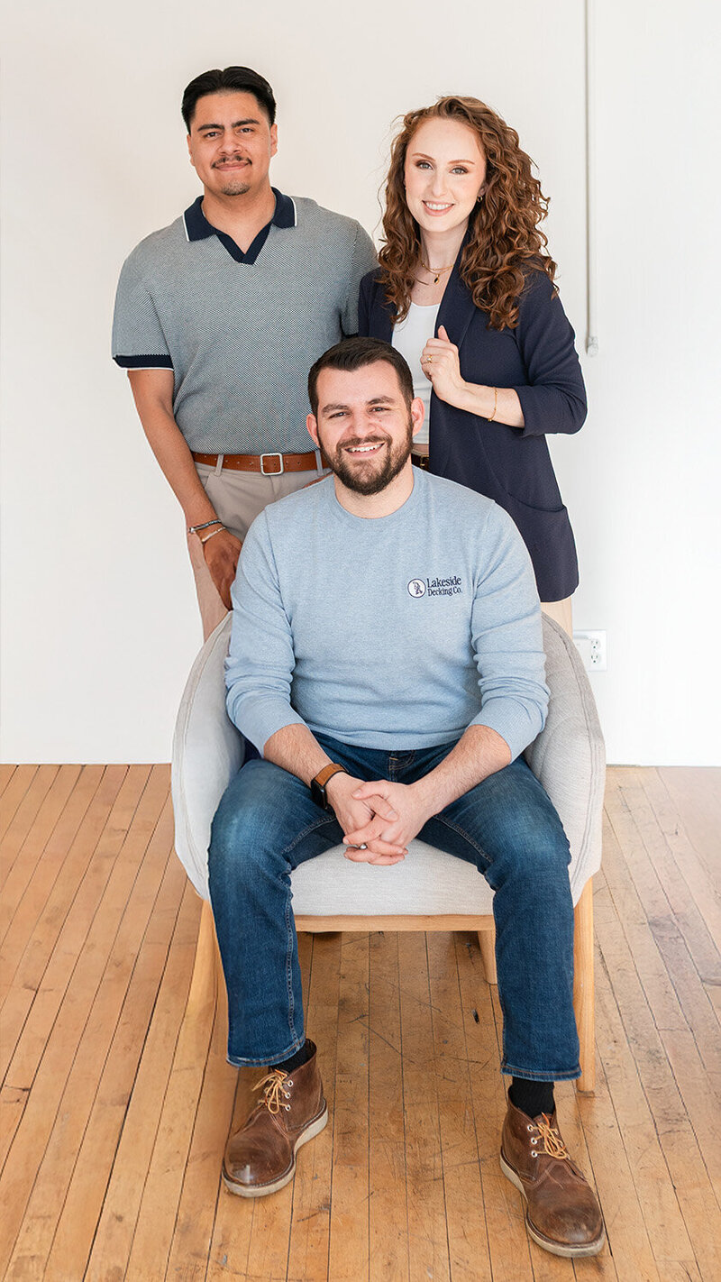 Three Lakeside Decking personnel: Design and Estimating Specialist, Administrative Assistant, and Owner/President. 