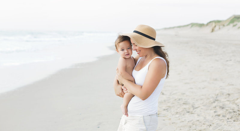 mother and child walk on beach at Outer Banks, Corolla North Carolina