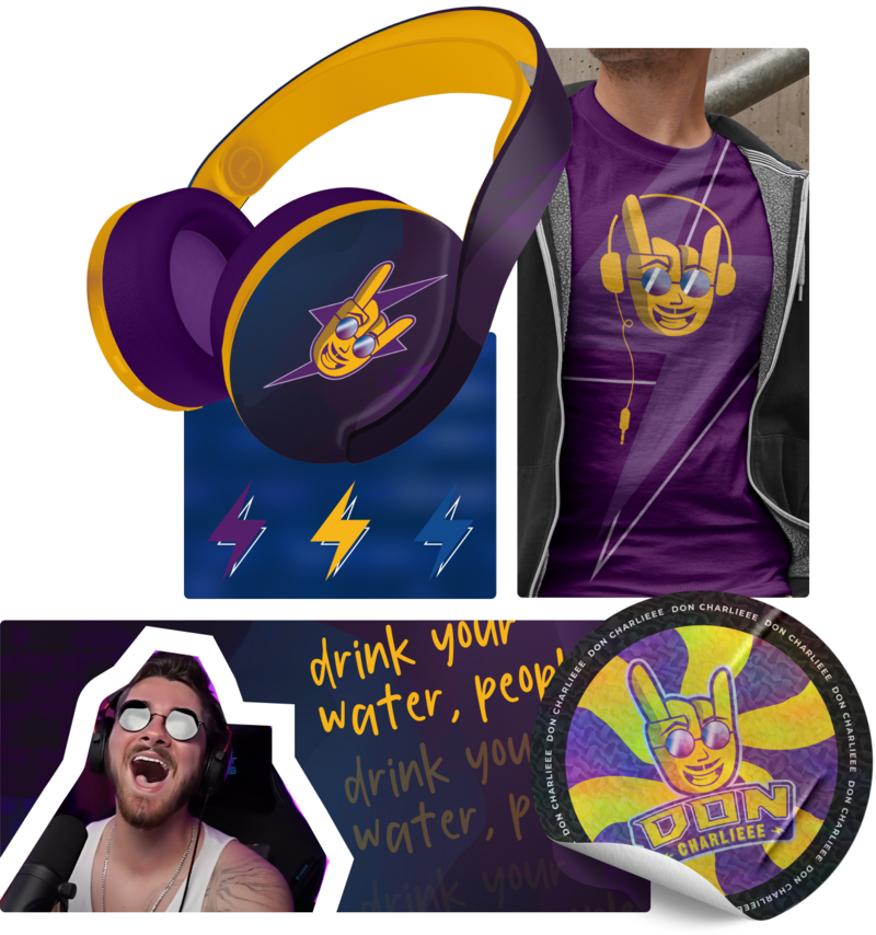Collage of five images showcasing the different elements of the brand Don Charlieee. Includes: headphones, man wearing a graphic shirt, holographic sticker, and Don, himself, video game streaming.