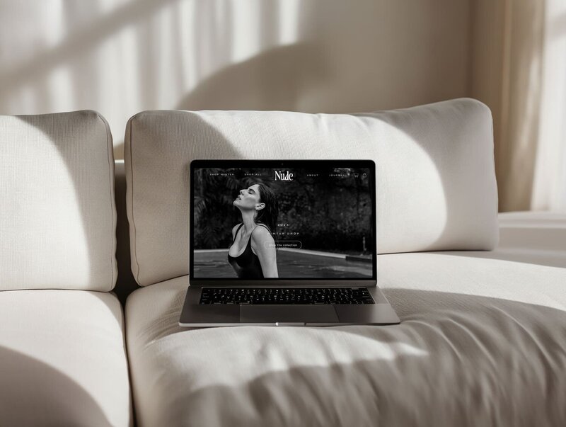 Laptop on a sofa displaying a sleek black-and-white website design for the swimwear brand 'Nude'.