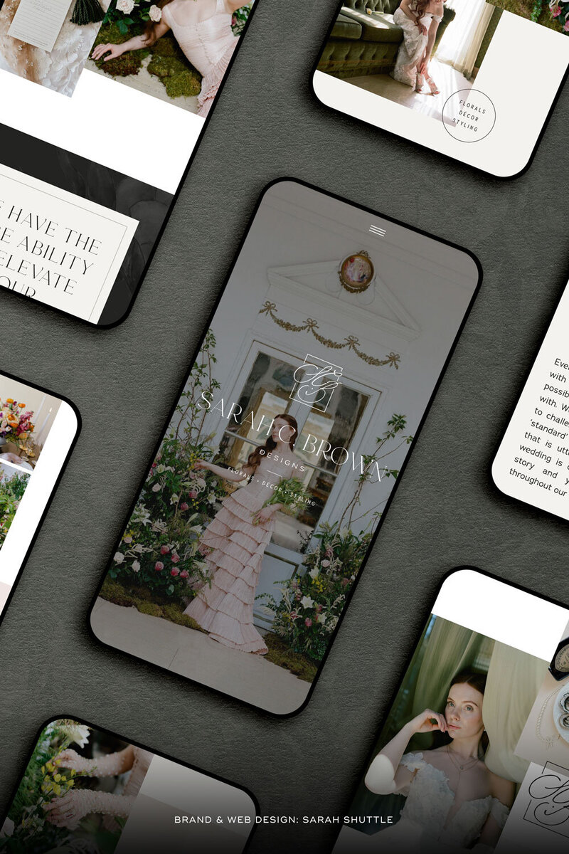 Phone mockups displaying mobile site for Sarah C Brown Designs on green brand background