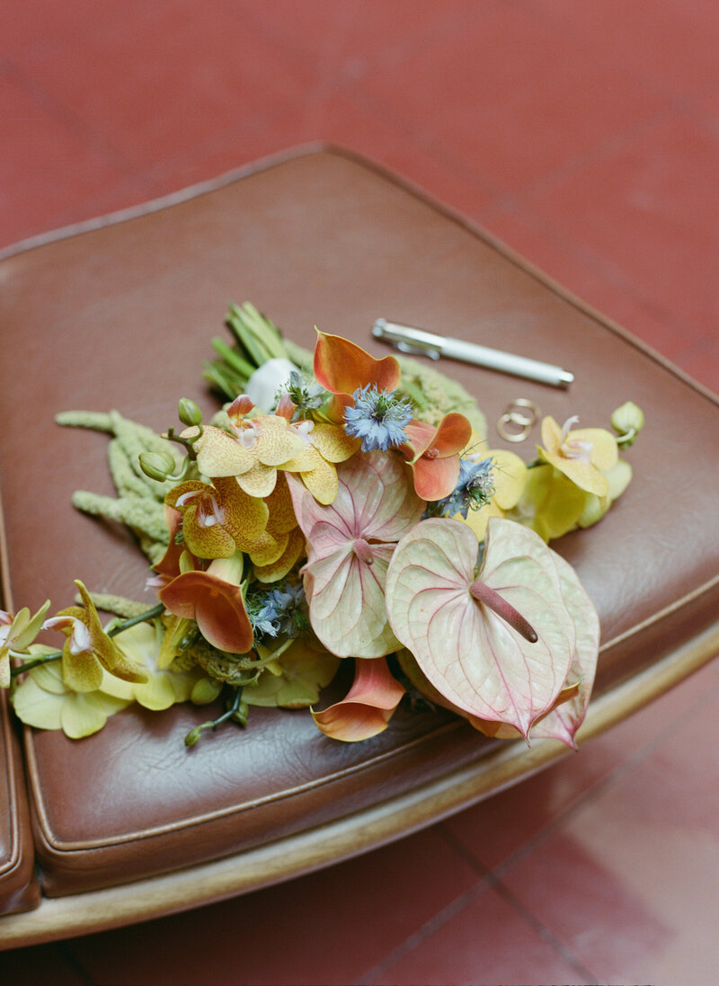 Bouquet with orchids and anthurium at Marin Civic Center wedding.