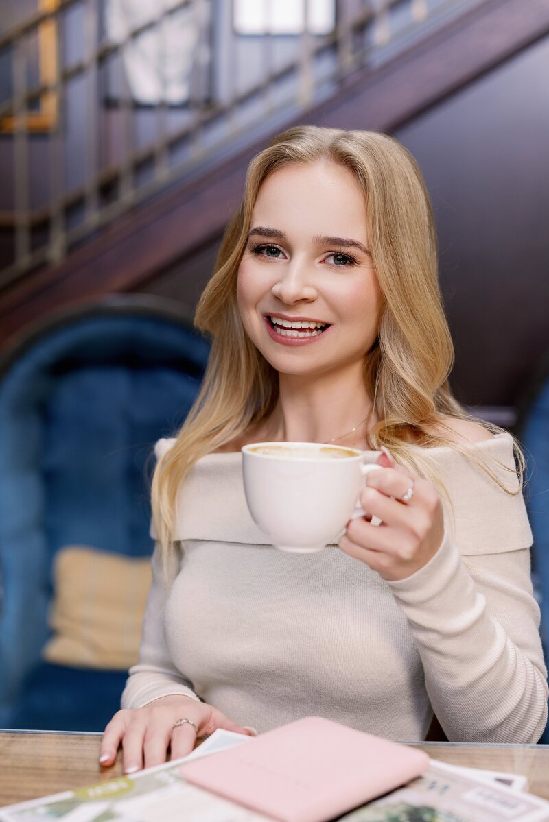 brooklyn wedding planner Helena Elizabeth Events with a cup of coffee in hand
