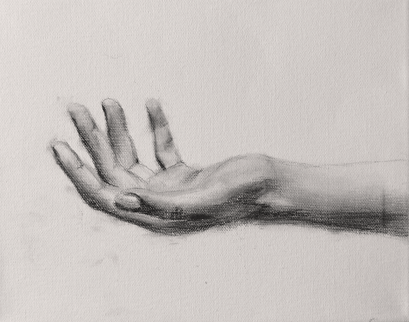 Pencil sketch of an open human hand on textured paper.