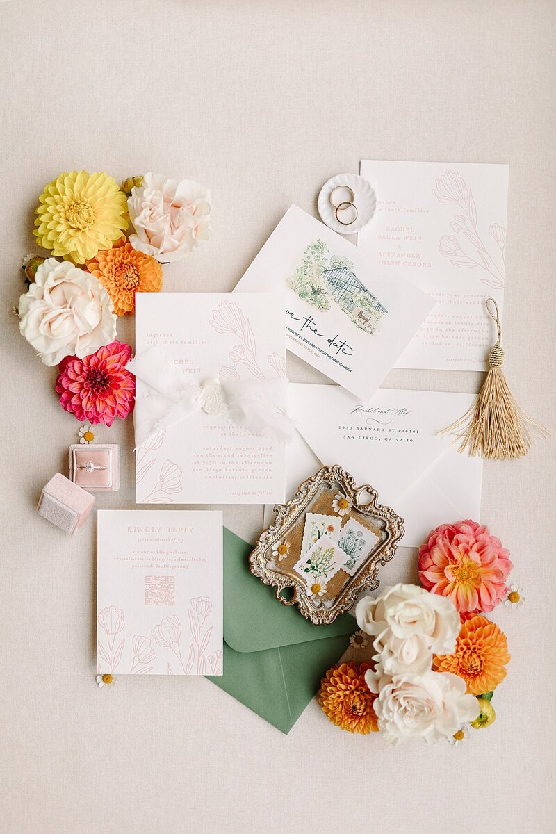 Wedding invitation suite at San Diego Botanic Gardens in Encinitas, California.
