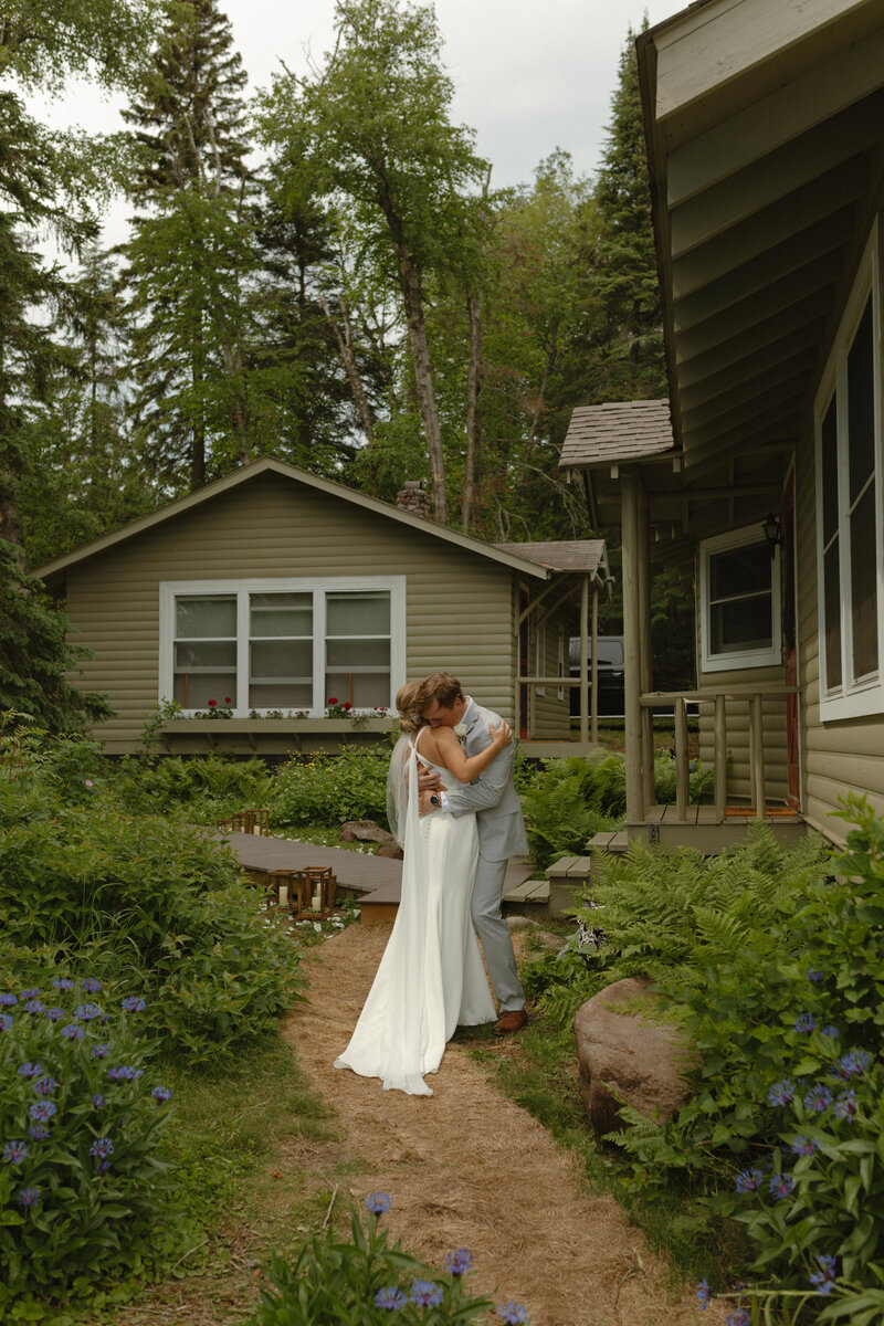 Couple eloping at an Airbnb along the North Shore in Lutsen, MN