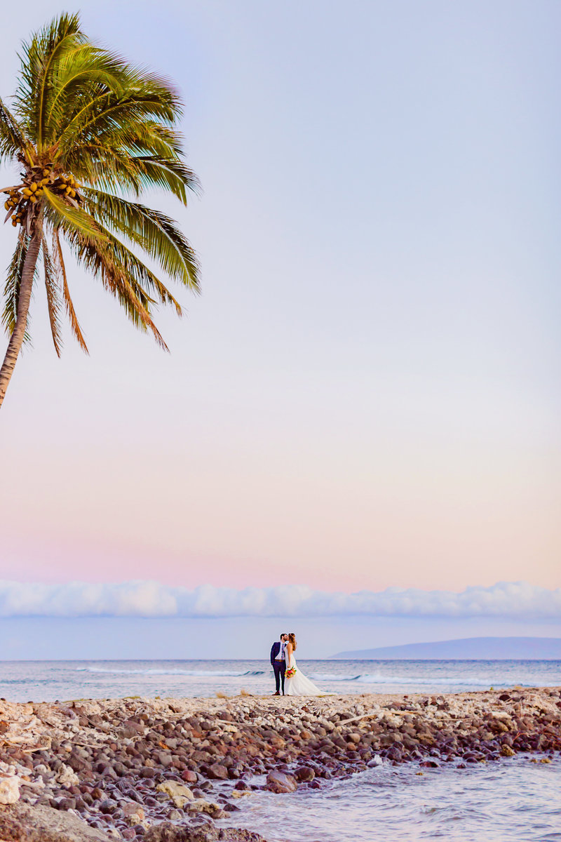 bride and groom pose under a palmtree at maui olowalu plantation house on their wedding day