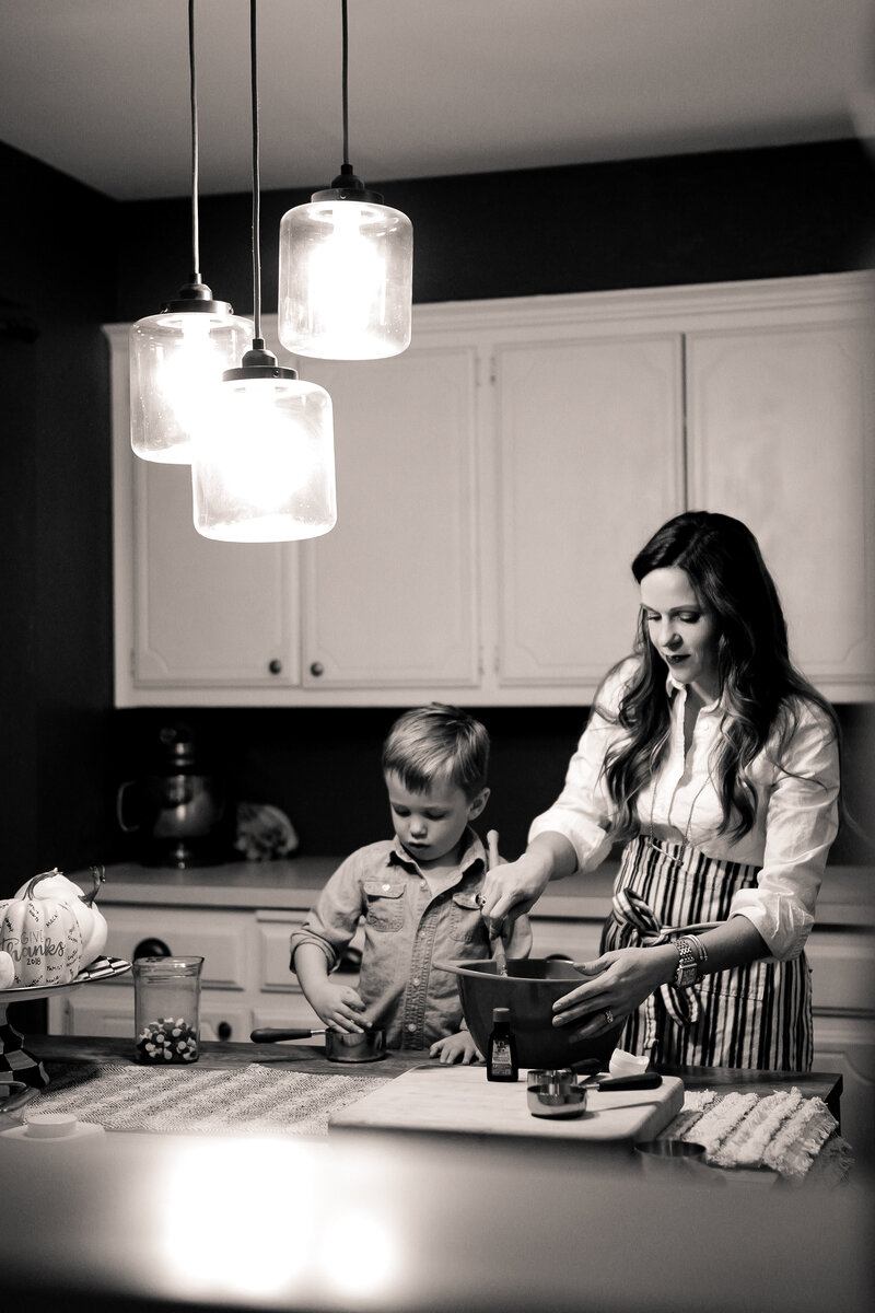 Meg in the kitchen cooking with her son