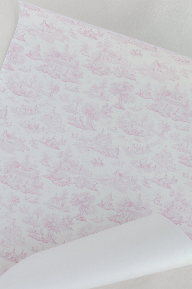 Toile linen flat lay mat with vintage French-inspired wedding details