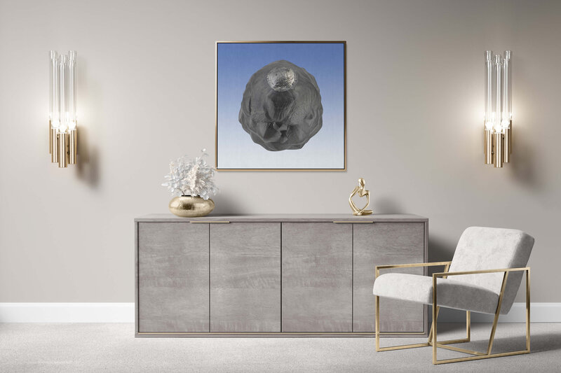 Fine Art Canvas with a gold frame featuring Project Stardust micrometeorite NMM 2679 for luxury interior design