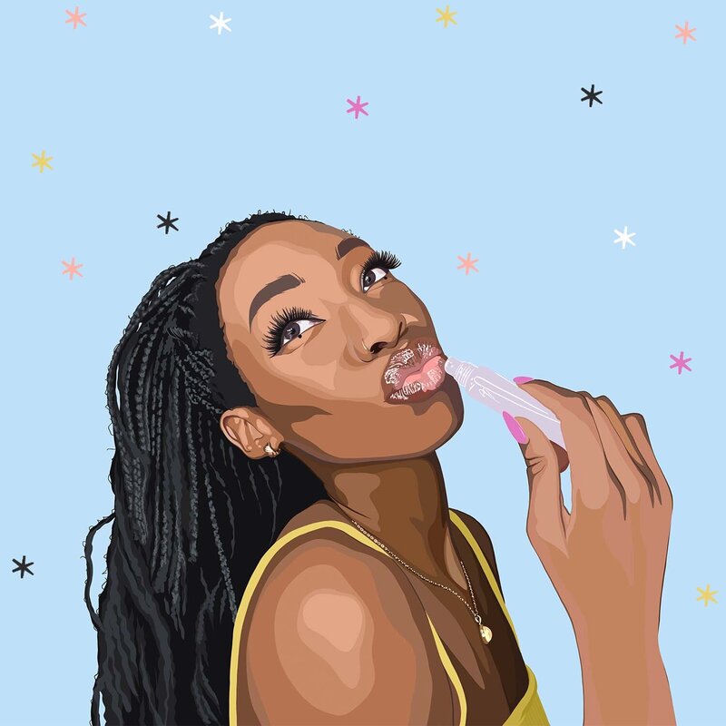 Fun and colourful Illustration of Tomachi Maria, a black woman with braids putting on lipgloss