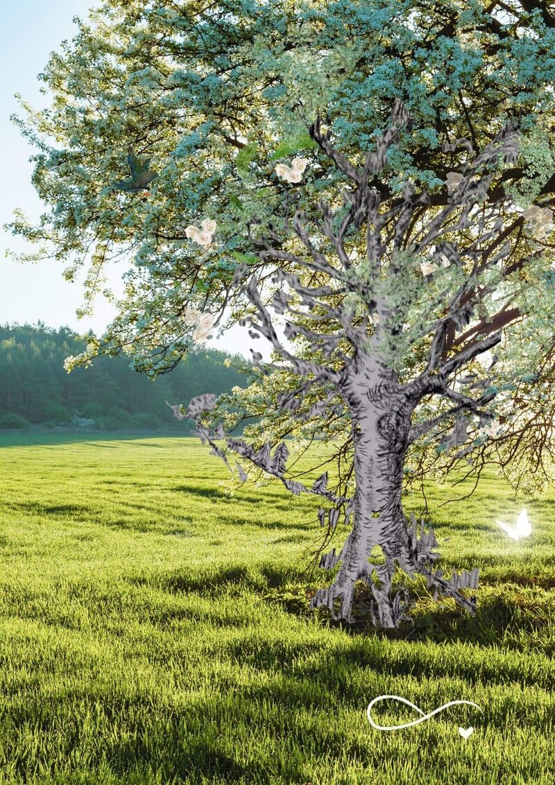 Image of grassy field with handpainted tree and tiny white hearts