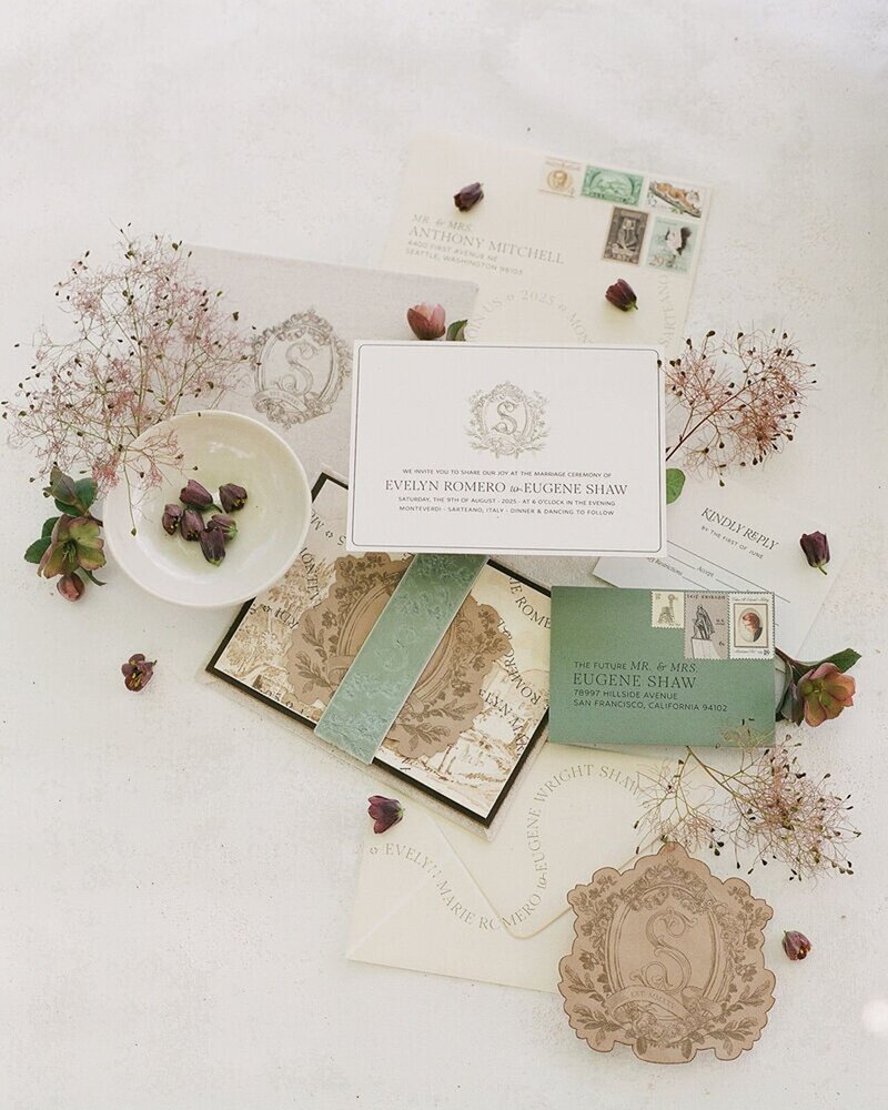Luxury designer Newport RI wedding invitation suite with sage greens and cream colors