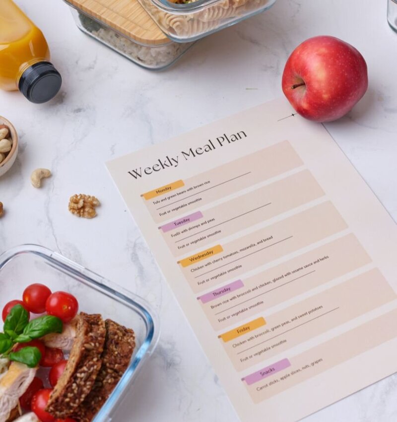 Customised weekly fertility meal plan with nourishing wholefoods including tomatoes, apple, and seeded bread, representing personalised nutrition support.”