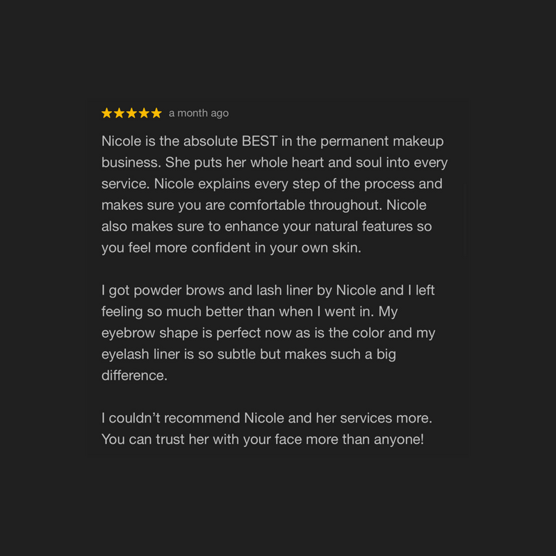 Happy client testimonial after receiving powder brow permanent makeup