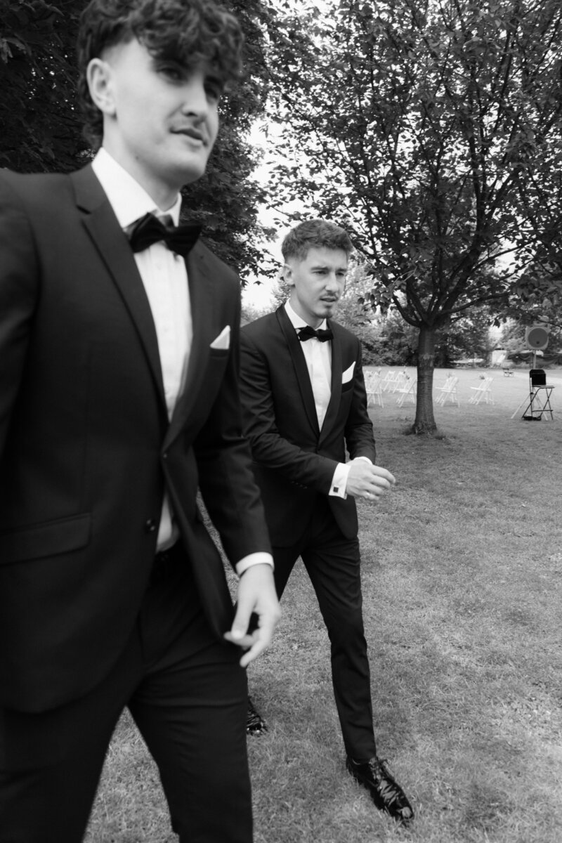 Luxury wedding in Europe – sophisticated bride in a modern wedding gown and groom in a timeless suit.