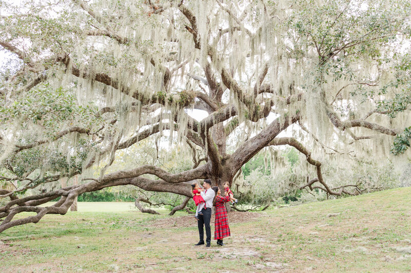 family posing under a hanging moss tree