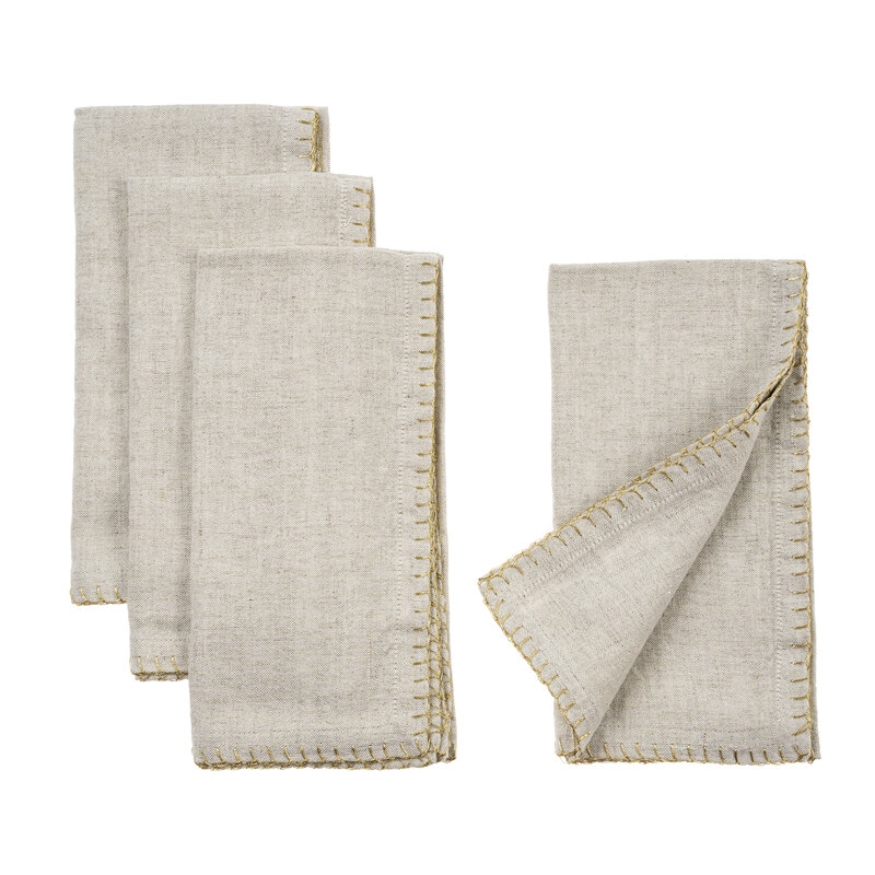 Gold Blanket Stitch Napkins S4, Linen Grey