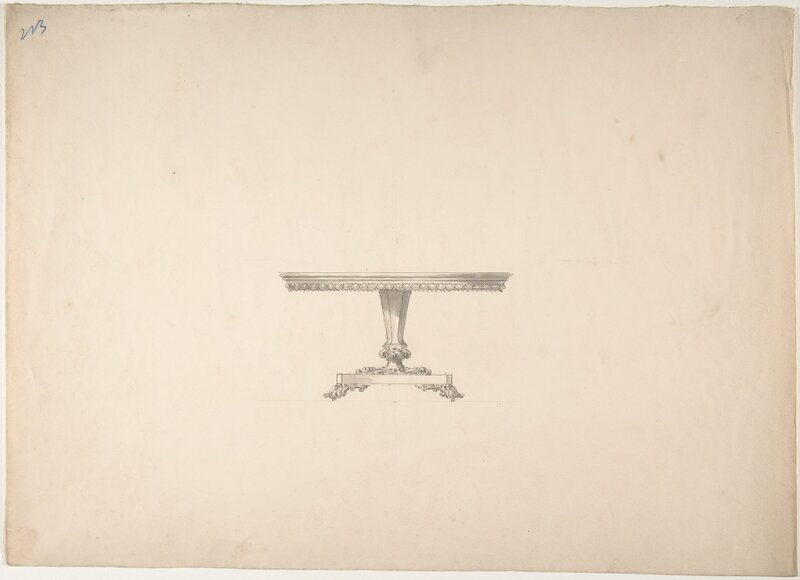 drawing sketch of  round foyer table that has gorgeous molding fluted pedestal and ornate base