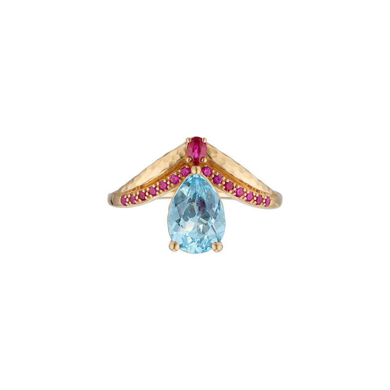 Pear aquamarine and ruby ring