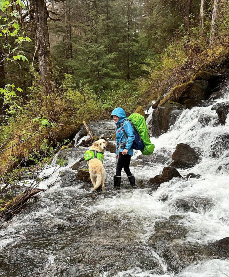 Woman backpacking with her golden retreiver dog crossing a river