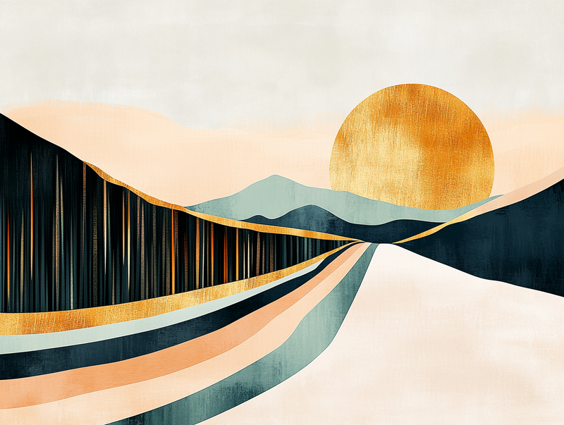 Abstract illustration of a glowing sun over a layered mountain road, symbolizing clarity, direction, and career transitions with ALTAZ Coaching.
