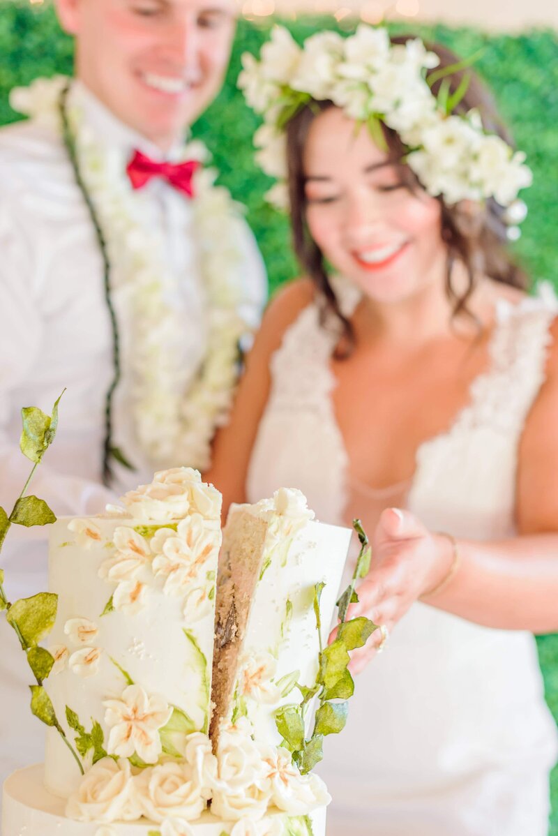 A bride and groom cut their wedding cake at Camelot Meadows.