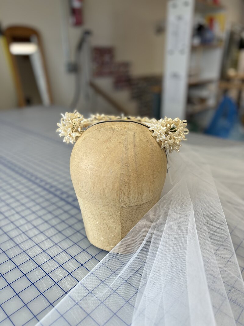1950's vintage heirloom veil and wax flower crown before being restyled
